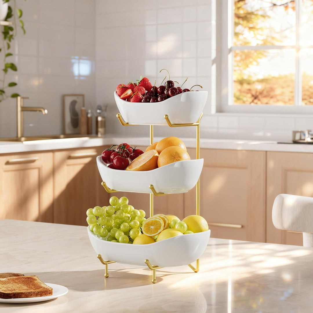 Josmimic Obst Etagere aus Keramik, 3-stufiger Obstkorb mit Metallständer in Gold, Mehrstöckige Obsts