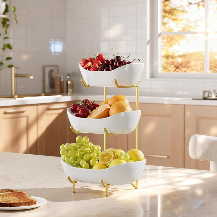 Josmimic Obst Etagere aus Keramik, 3-stufiger Obstkorb mit Metallständer in Gold, Mehrstöckige Obsts