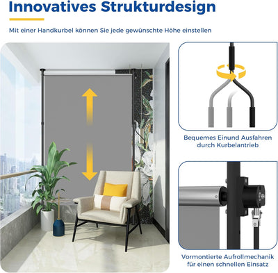 HOMEDEMO Senkrechtmarkise Aussen, Vertikalmarkise ohne Bohren, Balkonrollo mit Handkurbel, Sichtschu