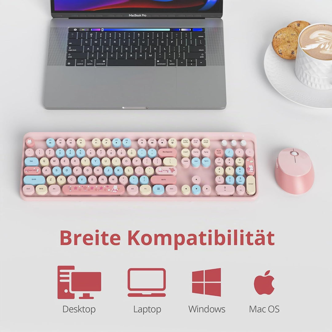SOLIDEE kabellose Tastatur- und Maus-Kombination,Retro-Schreibmaschinen-Tastatur,2.4GHz runde Tasten
