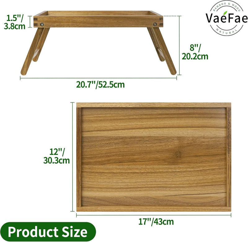 VaeFae Akazie Bett Tisch Tablett, Holz Frühstückstablett mit Klappbeinen, Betttablett für Essen und