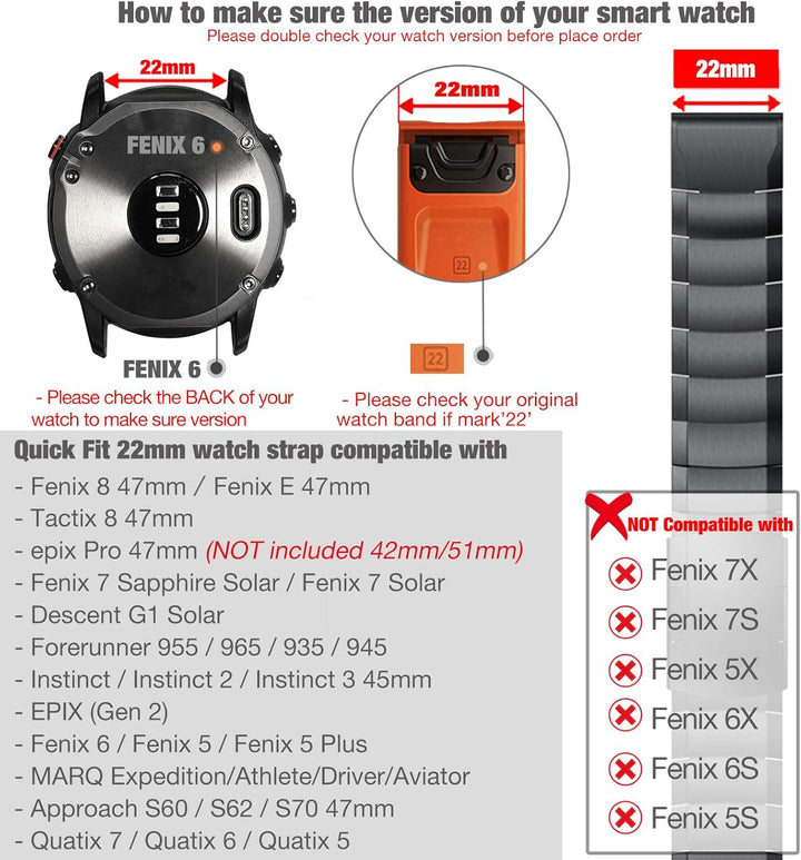 YOOSIDE für Fenix 7/ Fenix 5/ Fenix 6/ epix 2 Armband, 22mm Edelstahl Gliederarmband Ersatzarmbänder
