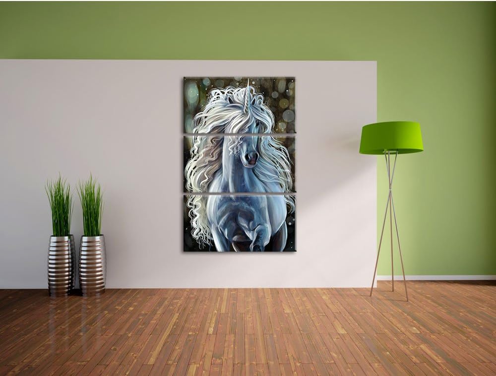 Pixxprint Trabendes weisses Einhorn als Leinwandbild | Grösse: 3 Teilig (120x80) | Wandbild| Kunstdr