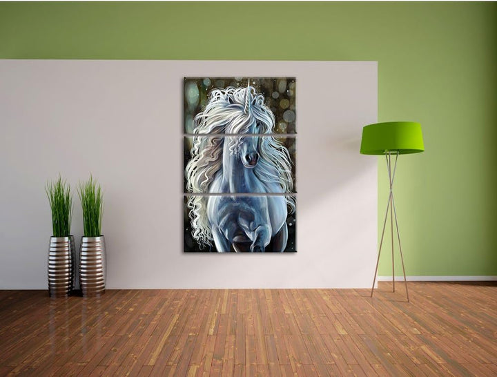 Pixxprint Trabendes weisses Einhorn als Leinwandbild | Grösse: 3 Teilig (120x80) | Wandbild| Kunstdr