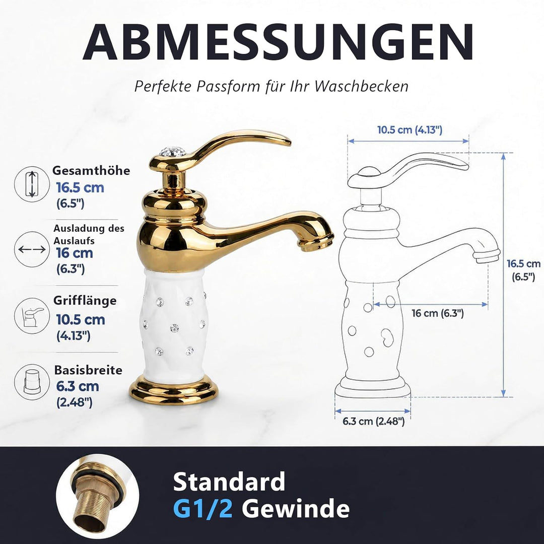 Tbest Waschtischarmatur Weiss Gold,Wasserhahn Gold,Grohe Wasserhahn Waschbecken Goldfarben Massivem