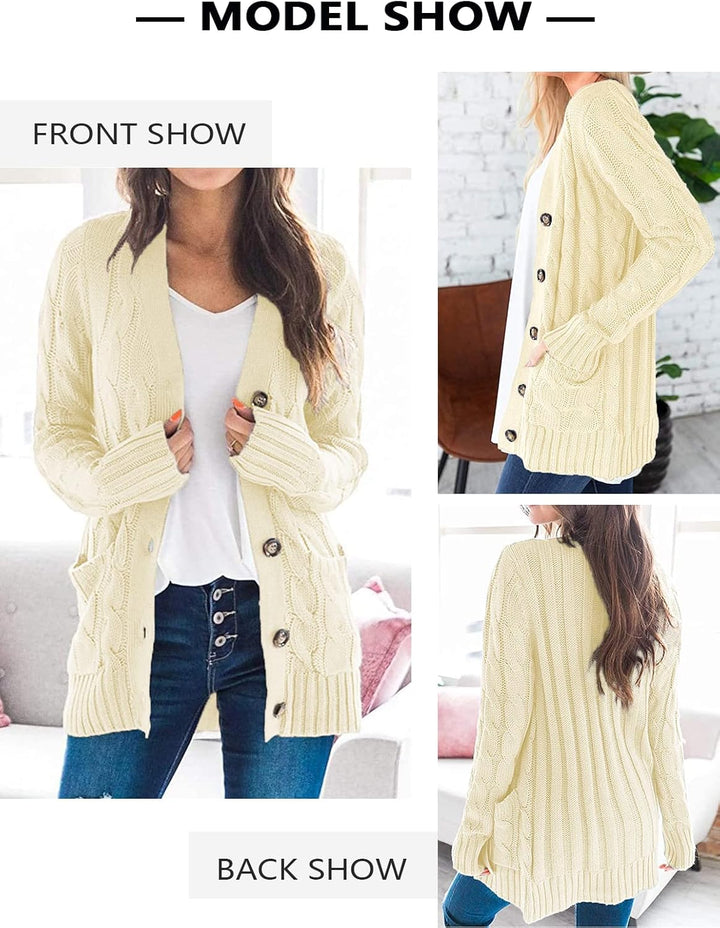 Maavoki Strickjacke Damen lang Elegant Open Front Grobstrick Strick Cardigan Langarm Strickjacken mi