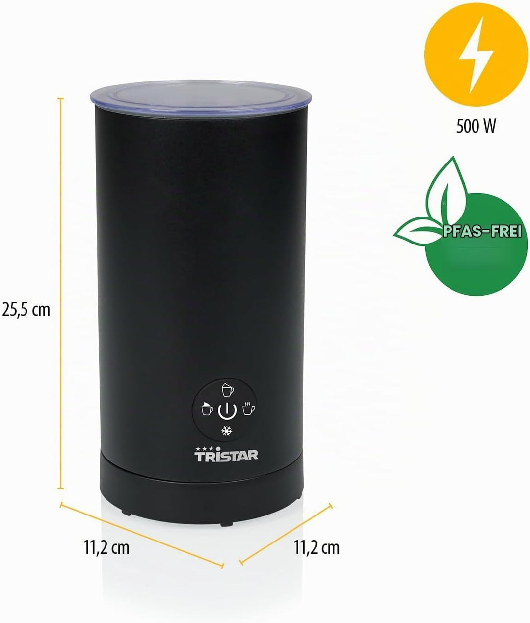 Tristar Milchaufschäumer, 4-in-1 Funktion, 500 W Leistung zum Erhitzen und Aufschäumen von Milch, Ei