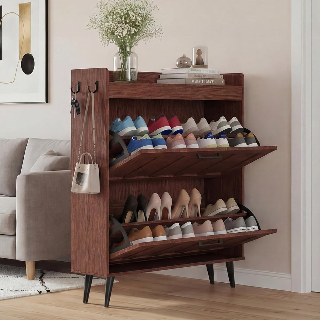 Schuhschrank Schmal mit 2 Klappschubladen, Landhausstil Schuhaufbewahrung für Flur Wohnzimmer, Kipps