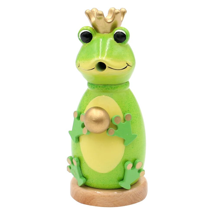 Holz Räuchermann, Räucherfigur, Räuchermännchen als Froschkönig mit Krone und Goldener Kugel in grün