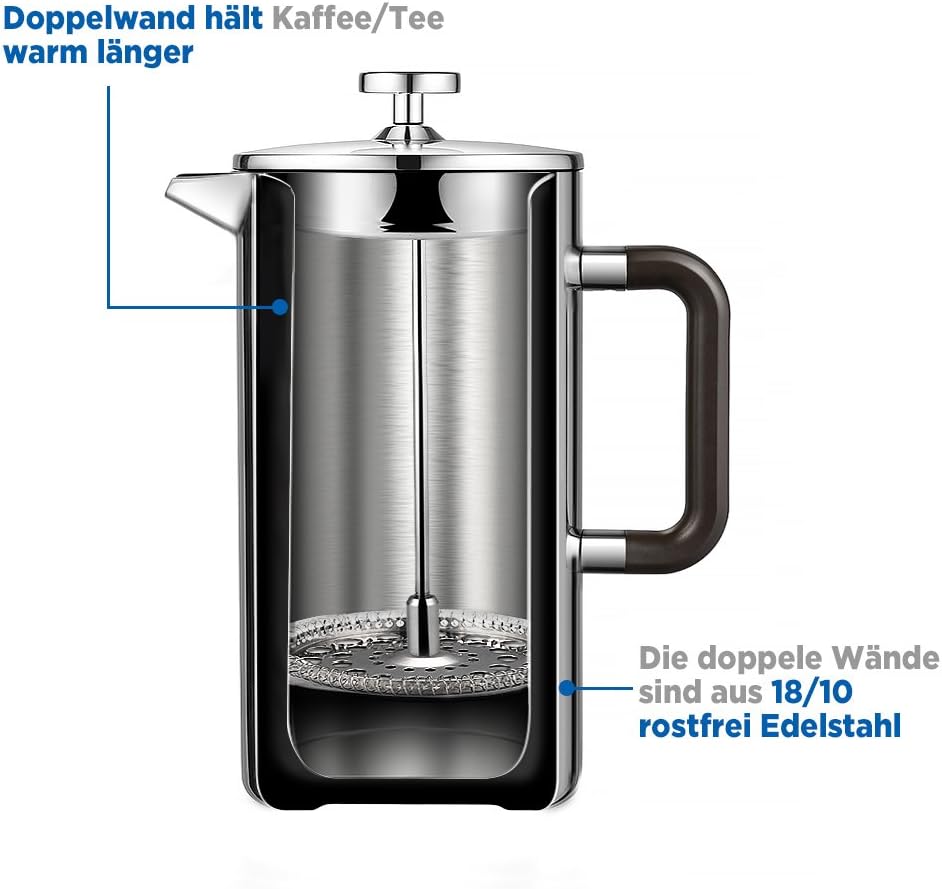 Ecooe 1.5L French Press Kaffee Doppelwandiger Kaffeebereiter aus 18/10 Rostenfrei Edelstahl mit 3 Fi
