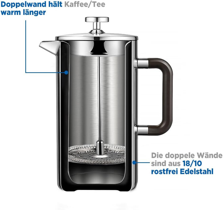 Ecooe 1.5L French Press Kaffee Doppelwandiger Kaffeebereiter aus 18/10 Rostenfrei Edelstahl mit 3 Fi