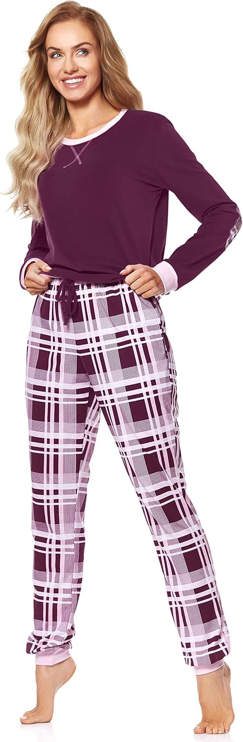 Merry Style Damen Schlafanzug aus Baumwolle Pyjama Nachtwäsche Set MS10-168 S Wein Kariert, S Wein K
