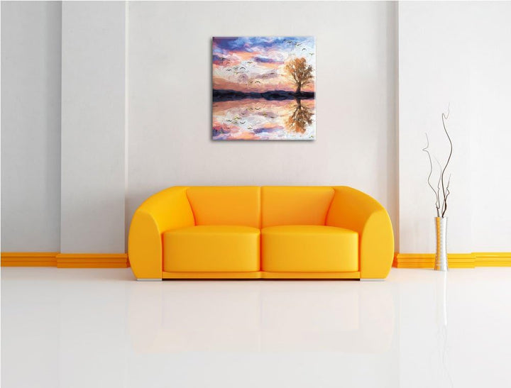 Baum in Dämmerung, Format: 70x70 auf Leinwand, XXL riesige Bilder fertig gerahmt mit Keilrahmen, Kun