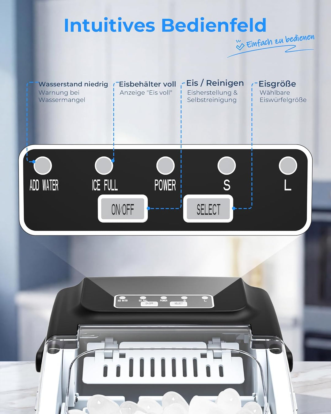 Eiswürfelmaschine Klein – Ice Maker, 8 Eiswürfel in 6 Minuten, 12 kg/24 Stunden, 2 Eiswürfelgrössen,