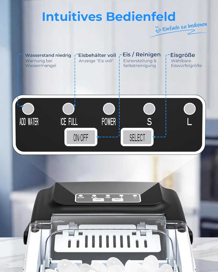 Eiswürfelmaschine Klein – Ice Maker, 8 Eiswürfel in 6 Minuten, 12 kg/24 Stunden, 2 Eiswürfelgrössen,