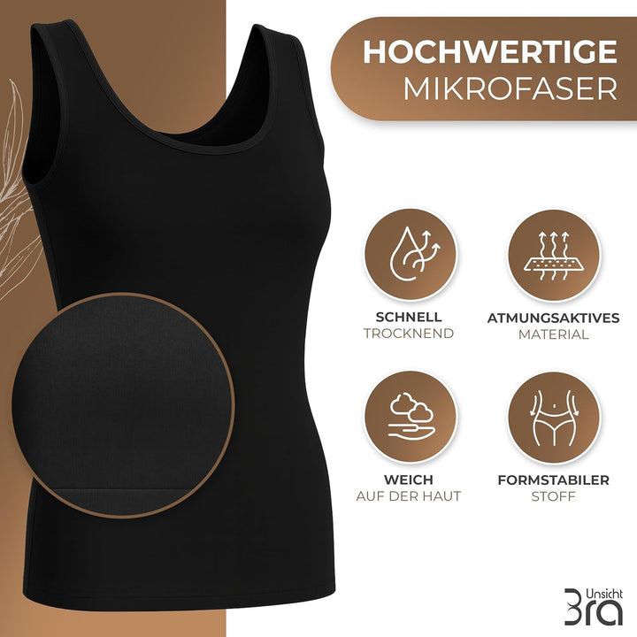 UnsichtBra 3er Pack Shape Damen Unterhemden Longshirt | Basic Wohlfühl Mikrofaser Damen Top ohne Büg