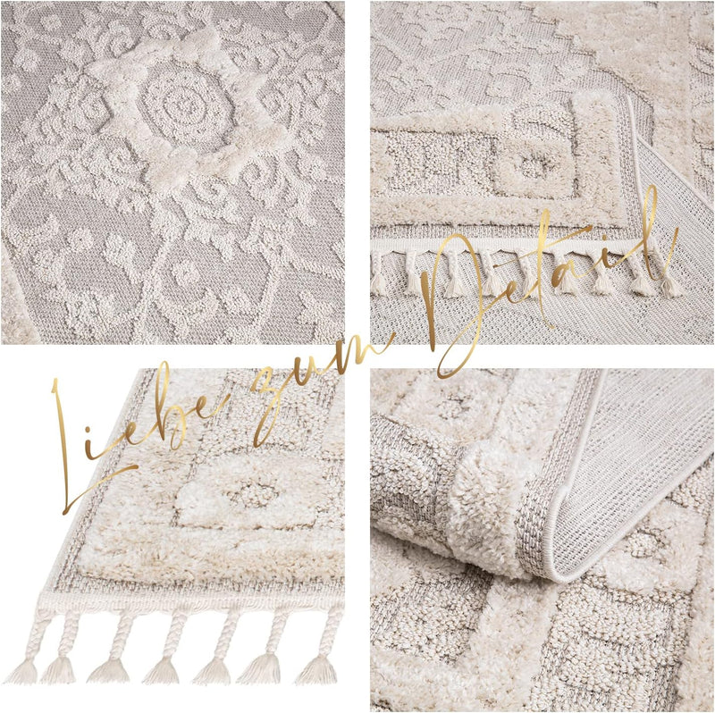 payé Teppich Wohnzimmer - Ornamente Bordüre - 80x150cm Creme - Fransen Deko Boho Flauschig - Cut & L