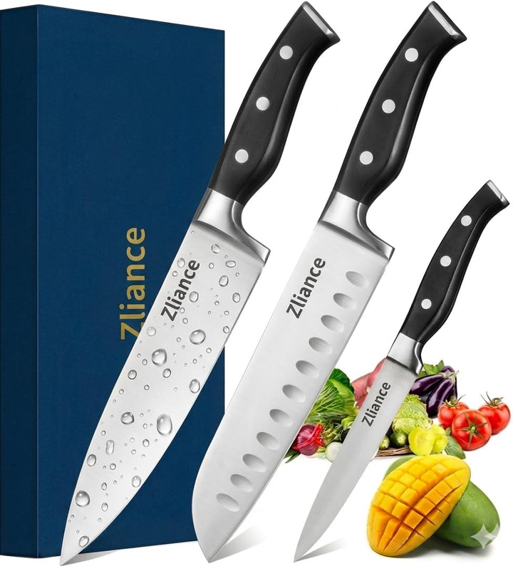 Messerset 3-teilig, japanischer High-Carbon Edelstahl, Ultra-Scharf, 20cm Kochmesser, 18cm Santoku,