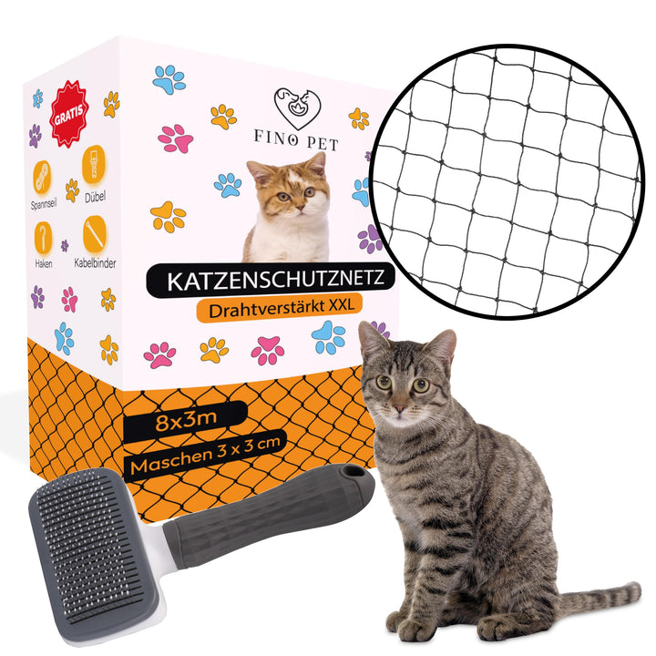 FinoPet Katzennetz für Balkon [Plus Drahtverstärkt] 8x3 Meter mit Katzenbürste und inklusive Befesti