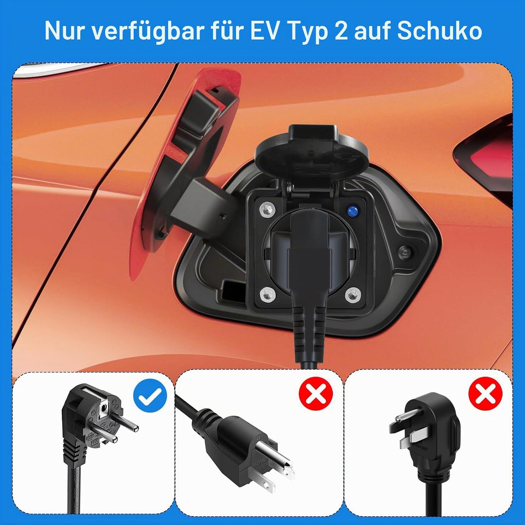 EV Ladeadapter Typ 2 auf Schuko-Stecker – 3,5 kW 16 A 220 V – tragbar & widerstandsfähig IP44 – komp