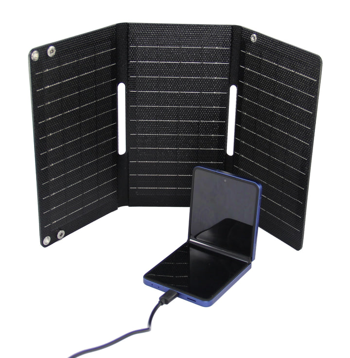Trag- und Faltbares Solar-Ladegerät, 10 Watt, lädt Handys und Tablets Fernab jeder Steckdose, mit 2