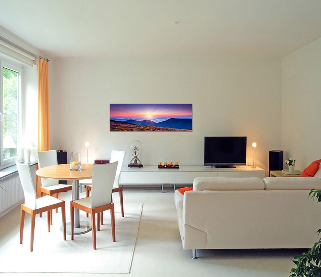 Paul Sinus Art Panoramabild auf Leinwand und Keilrahmen 150x50cm Ukraine Blumenwiese Berge Sonnenauf