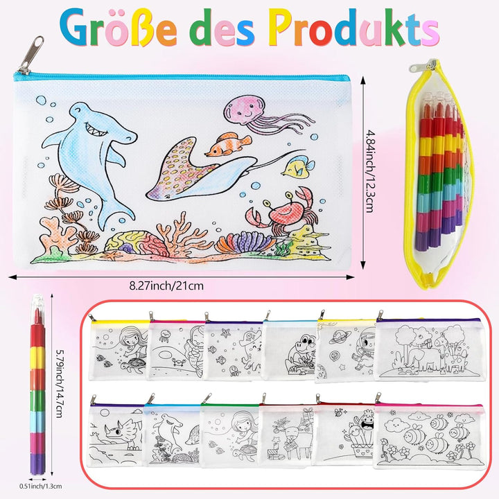 Liangding Kinder Stofftaschen zum Bemalen Set – 12 Taschen mit Reissverschluss & 12 stapelbare Wachs