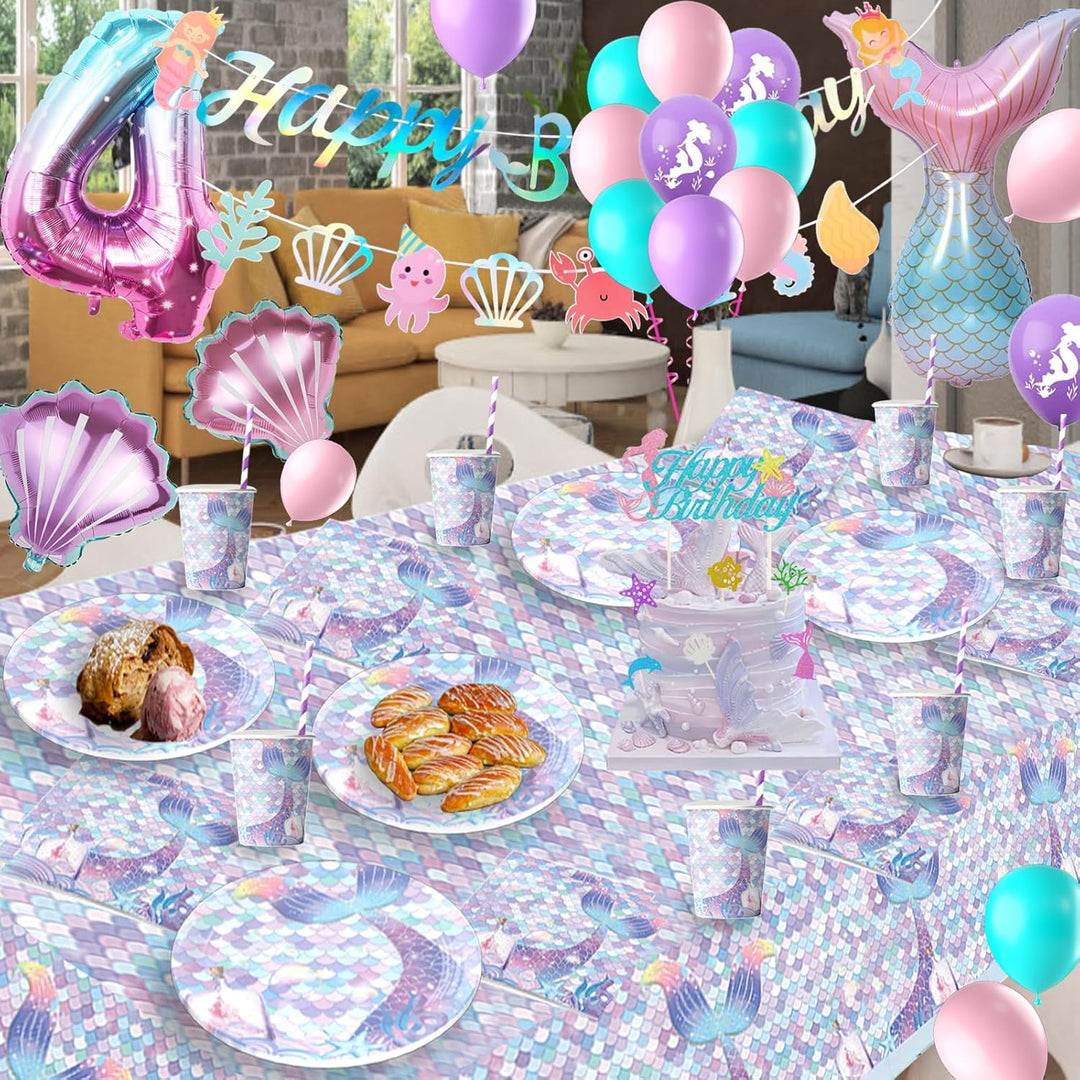 Meerjungfrau Geburtstag Deko Kindergeburtstag Partygeschirr Set mit Luftballons für 16 Gäste 4 Jahre