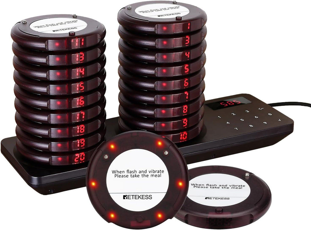 Retekess TD163 Pager System, Mini Restaurant Pager, 20 Untersetzer, Edelstahl-Ladegerät, 4 Anrufmodi