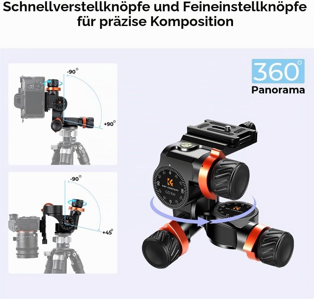 K&amp;F Concept 3-Wege-Neiger, Geared Tripod Head, CNC Process Aluminum Alloy Getriebeneiger für Kameras