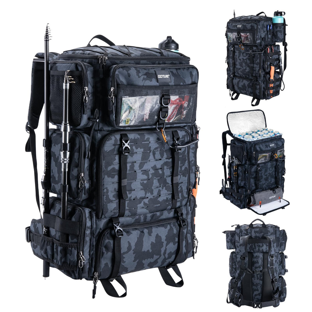 Goture 72L Angelrucksack mit Kühltasche (16L) &amp; Trocken-/Nass-Fach - Verstellbare Fächer Wasserabwei