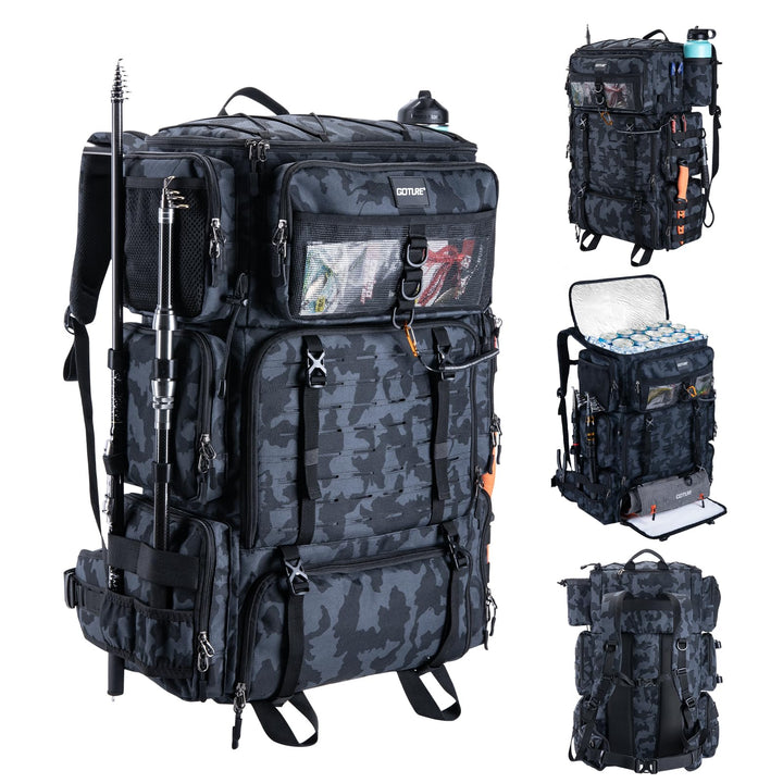 Goture 72L Angelrucksack mit Kühltasche (16L) &amp; Trocken-/Nass-Fach - Verstellbare Fächer Wasserabwei
