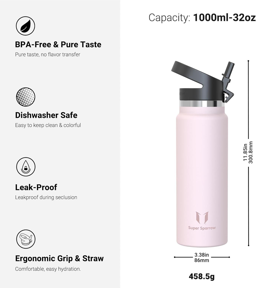 Super Sparrow Trinkflasche Edelstahl 1000ml - Breite Öffnung SwivelSip Thermosflasche - BPA-Frei The