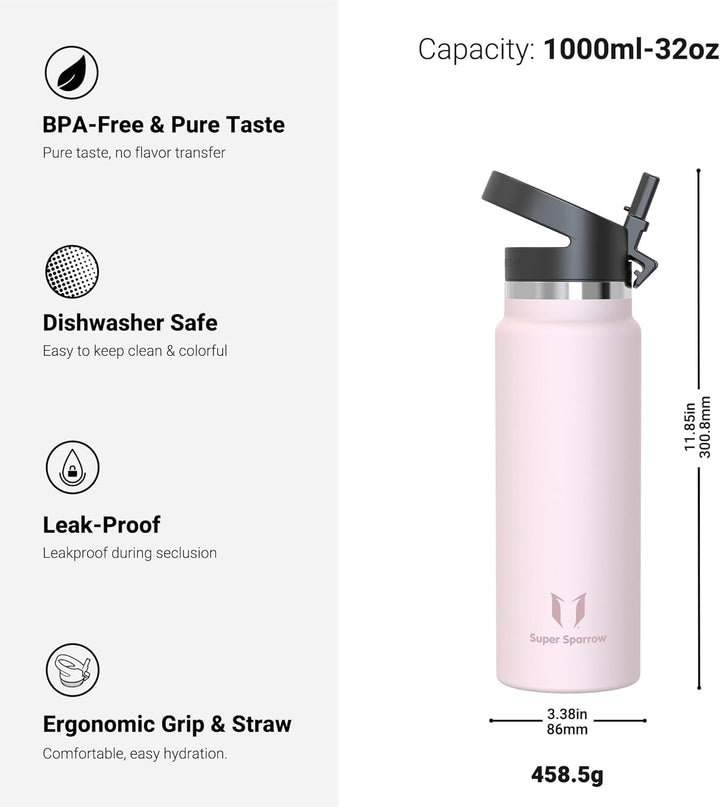 Super Sparrow Trinkflasche Edelstahl 1000ml - Breite Öffnung SwivelSip Thermosflasche - BPA-Frei The