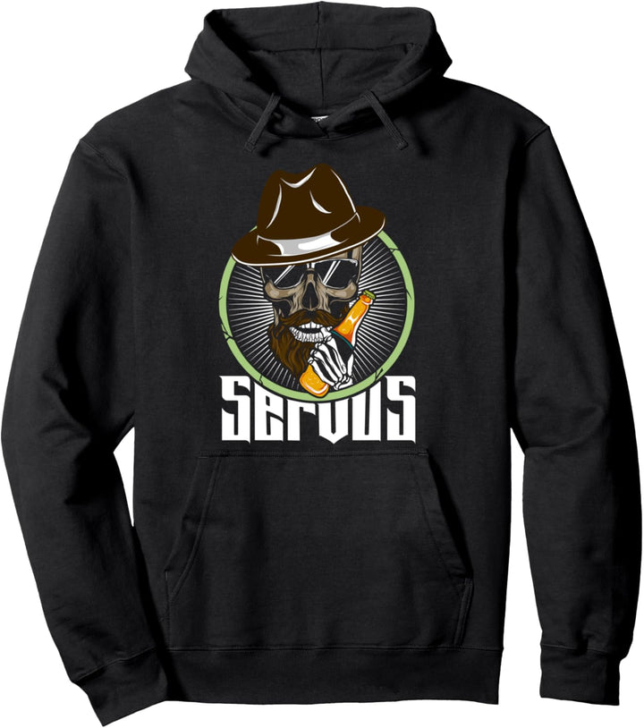 Servus Totenkopf mit Bart, Hut, Sonnenbrille, Bier Totenkopf Pullover Hoodie