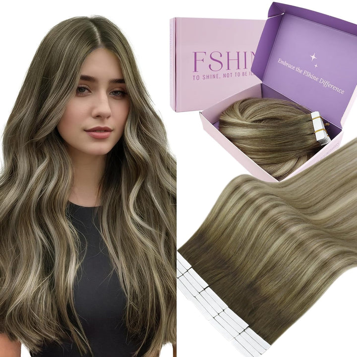 Fshine Haarverlängerung Tape Echthaar 45cm Echthaar Remy Extensions Tape 50 Gramm Balayage Dunkelbra