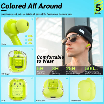 ACEFAST T6 Bluetooth Kopfhörer In Ear, Kopfhoerer Kabellos mit Dual-Mikrofon und KI-Anruf, Komposit-