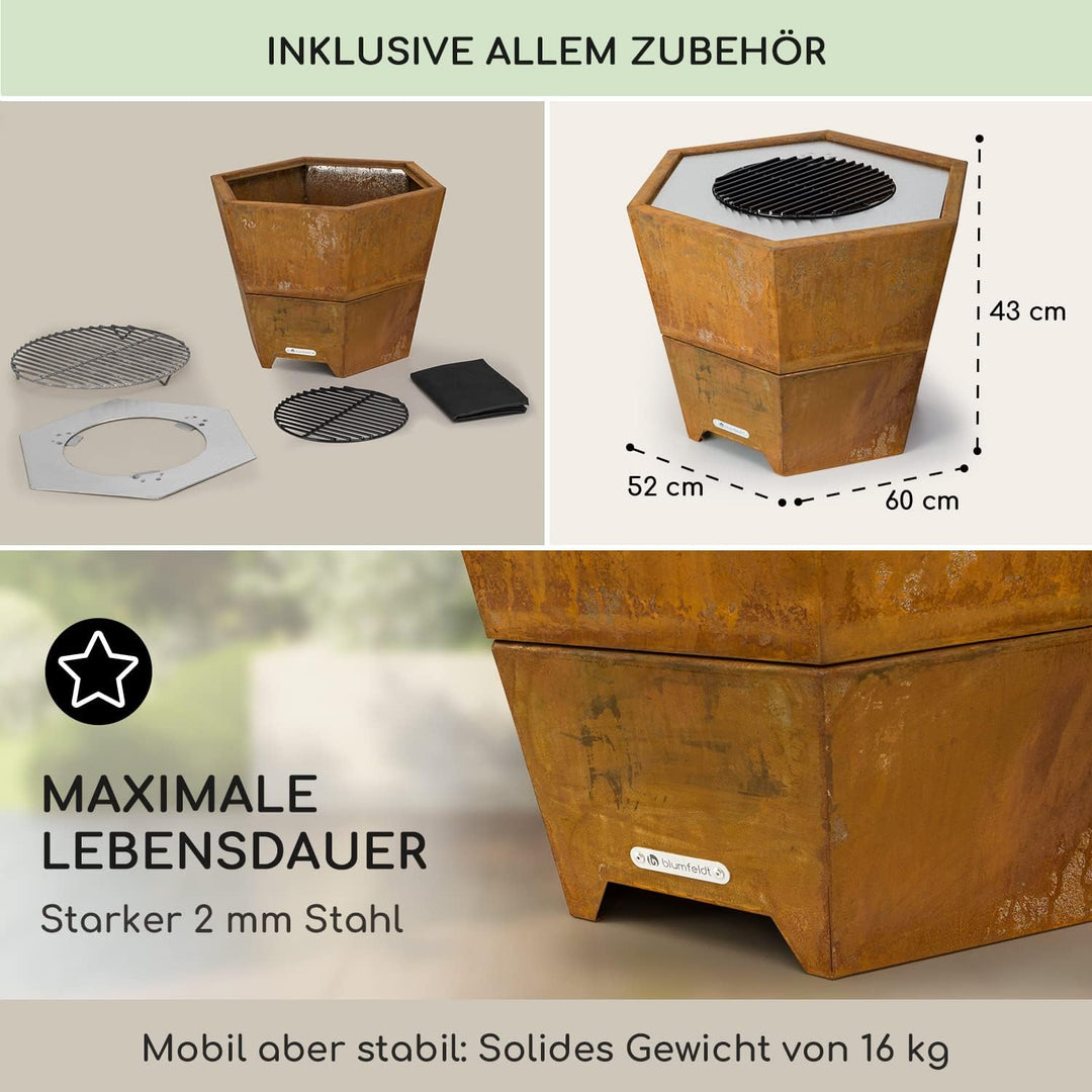 Blumfeldt Feuerschale mit Grillrost, Outdoor Stahl-Feuerschale Gross für Balkon & Camping, Mobile Fe