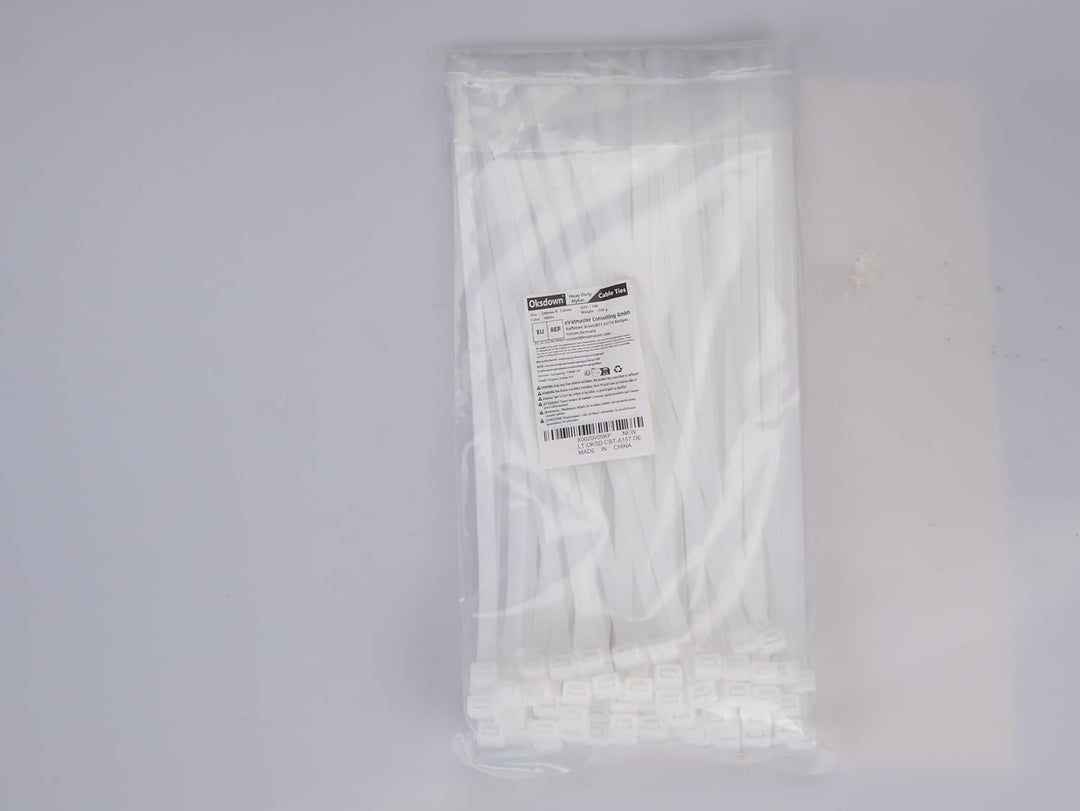 Oksdown 500mm × 7,6mm Breit 100 Stück Stark Kabelbinder mit 55 kg Zugfestigkeit weiss UV-Beständig G