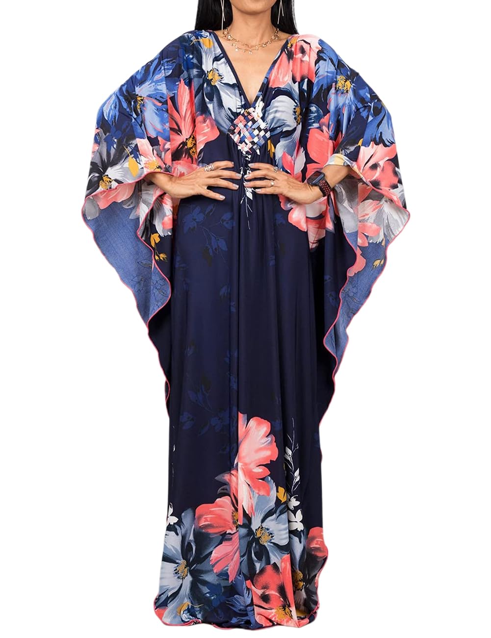 Bsubseach Damen Ethnic Print Kaftan Beach Dress Plus Size Strandkleid F-Navy Blume, F-Navy Blume