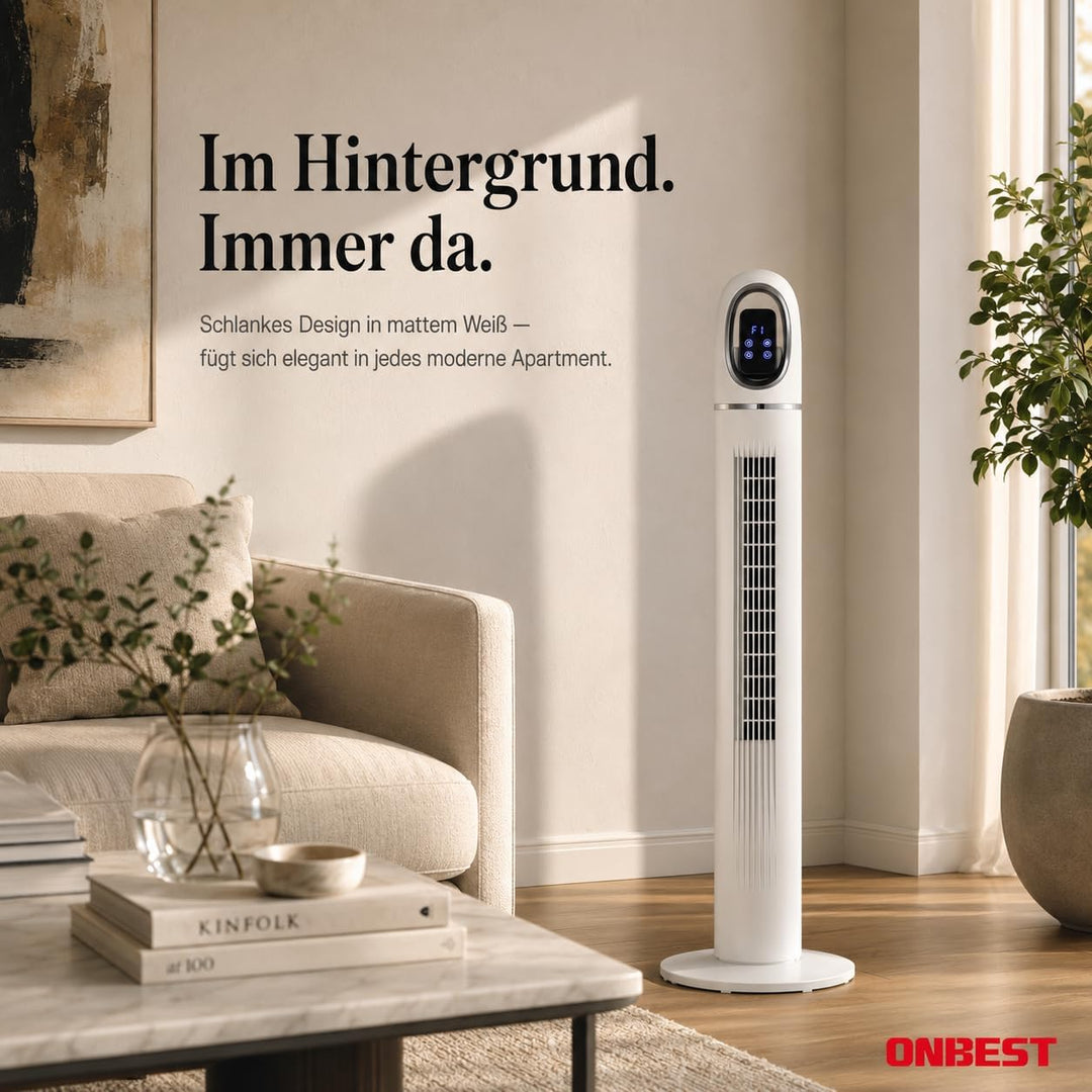 Onbest Turmventilator leise, 45 W stromsparender Tower-Ventilator mit Fernbedienung, 80° Oszillation