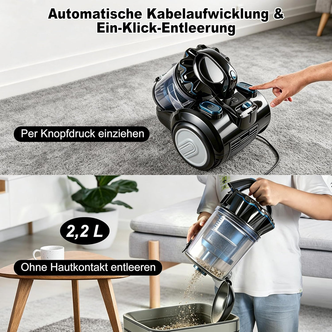 Staubsauger Beutellos 800 W, 60 dB Leise, Zyklon-Technologie, 2,2 L Staubbehälter, 6 m Kabel – für H