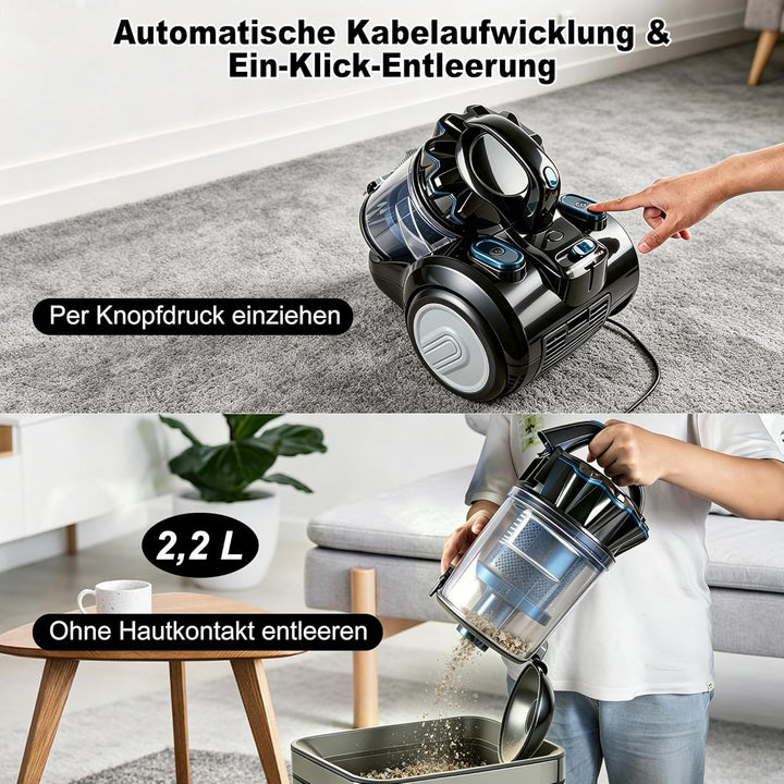 Staubsauger Beutellos 800 W, 60 dB Leise, Zyklon-Technologie, 2,2 L Staubbehälter, 6 m Kabel – für H