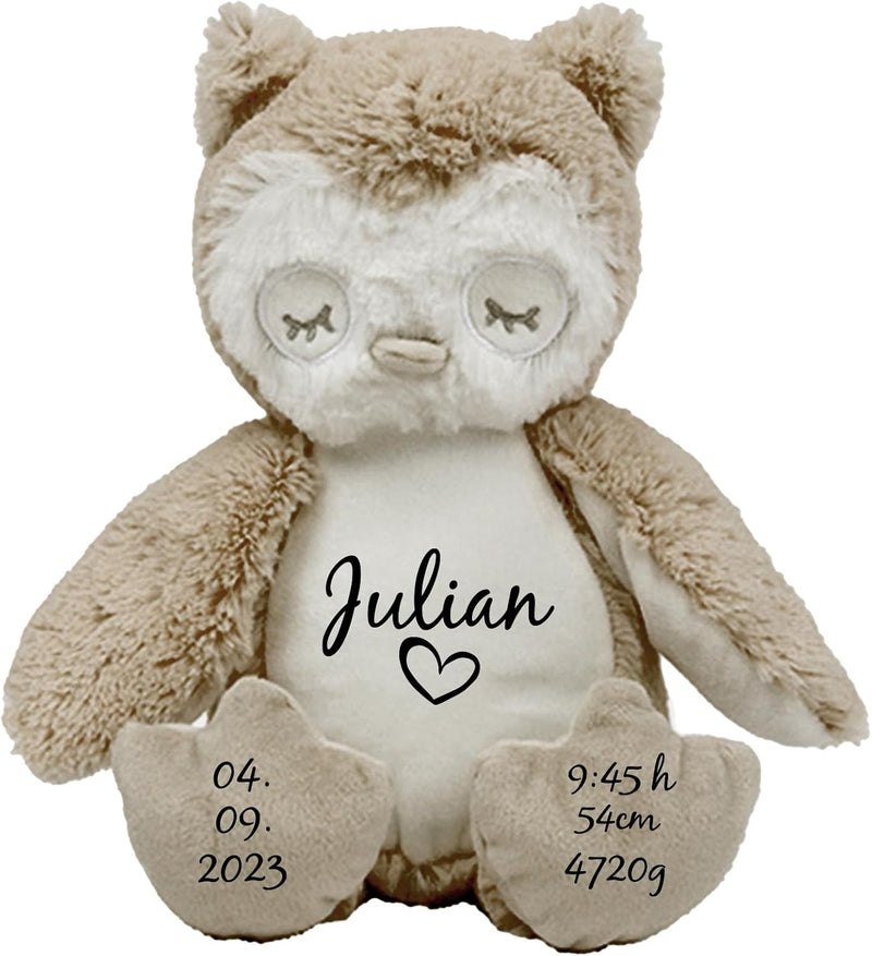 mamir home Eule Kuscheltier personalisiert mit Name + Geburtsdaten I 28cm Plüschtier I Baby Geschenk