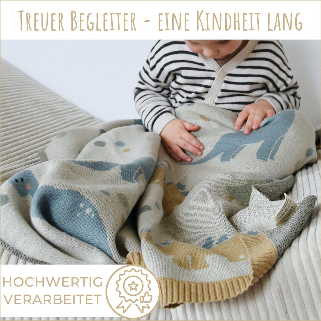 nidito Hochwertige Bio Babydecke Baumwolle Beige Dino - 100% GOTS Bio-Baumwolle - 80x100 cm - herrli