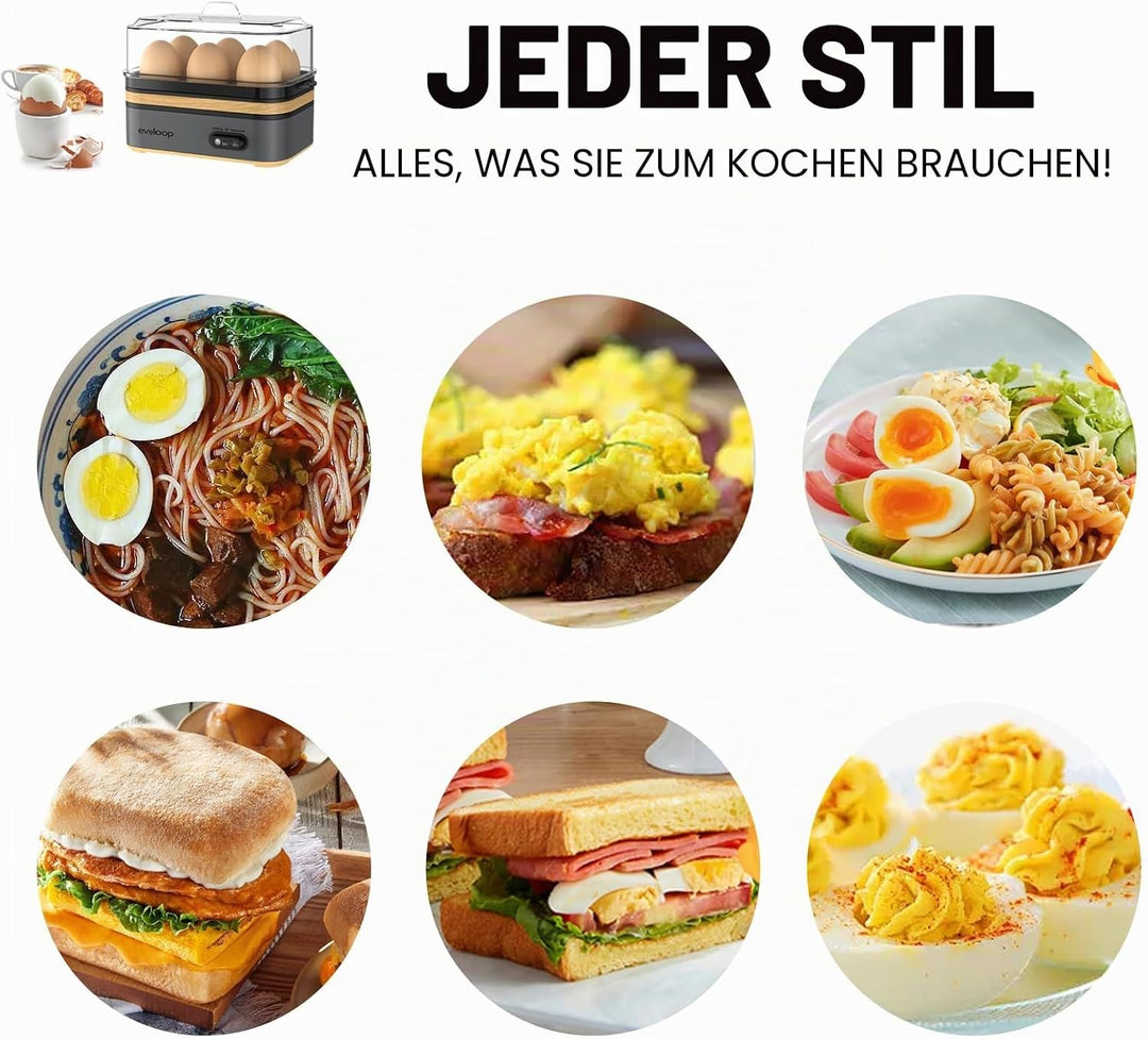 Evoloop Elektrischer Schnellkochtopf, Kapazität für 6 Eier, weich, mittel, gekocht, Wilderer, Eierko