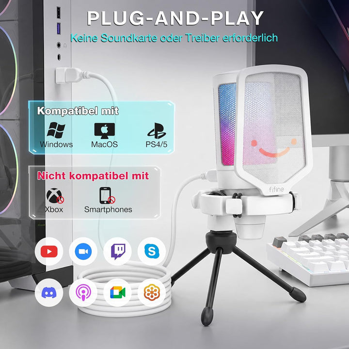 FIFINE Gaming Mikrofon PC, Typ A/C USB Microphone für PS4 PS5 Mac, mit Mikrofon Ständer, Stummschalt