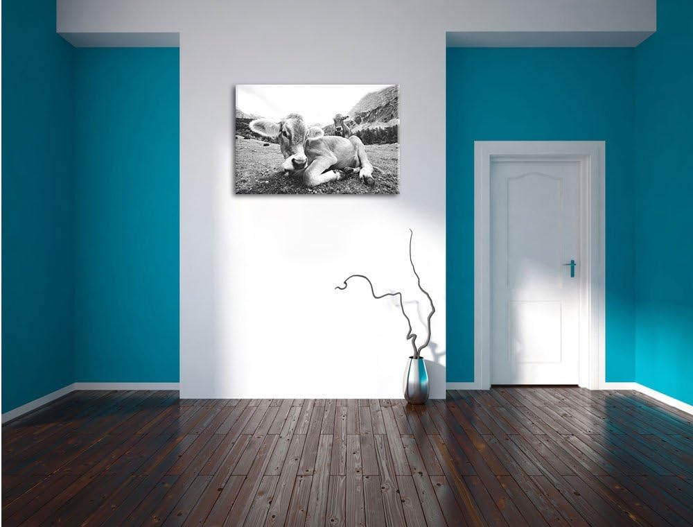 Pixxprint Almkuh in den Bergen als Leinwandbild/Grösse: 100x70 cm/Wandbild/Kunstdruck/fertig bespann