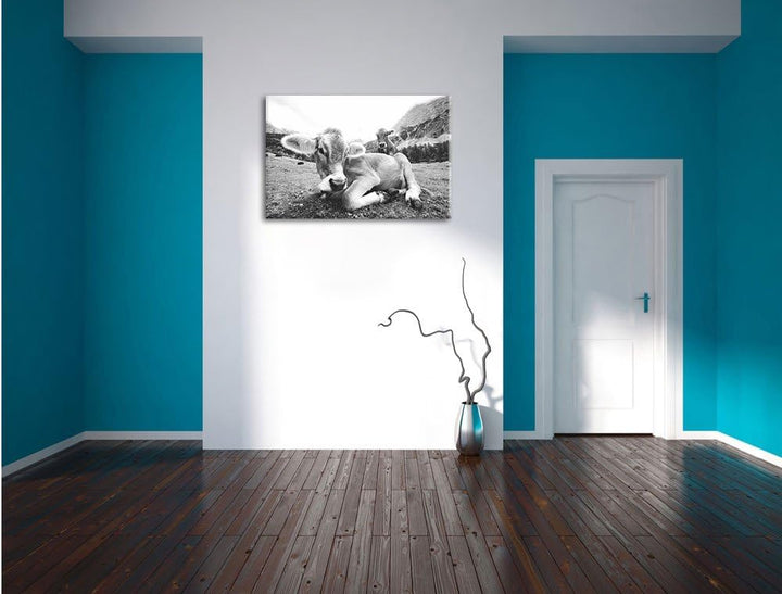 Pixxprint Almkuh in den Bergen als Leinwandbild/Grösse: 100x70 cm/Wandbild/Kunstdruck/fertig bespann