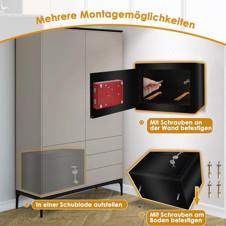 SUBTLETY 31x20x20cm Möbeltresor Abschliessbar Safe Tresor mit Doppelbartschloss und 2 Schlüssel Wand